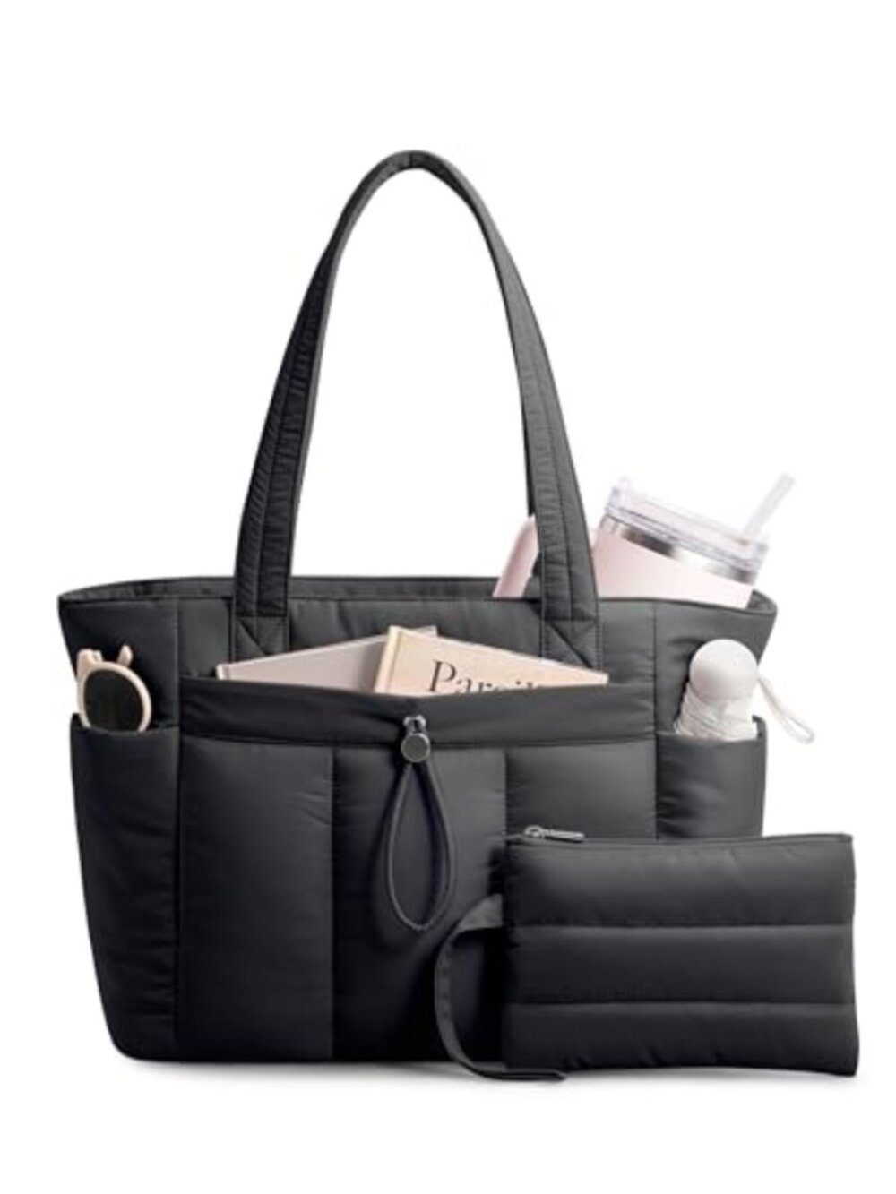 Puffy Tote Bag with Cup Holder & Laptop Compartment & Cosmetic Bag & Trolley